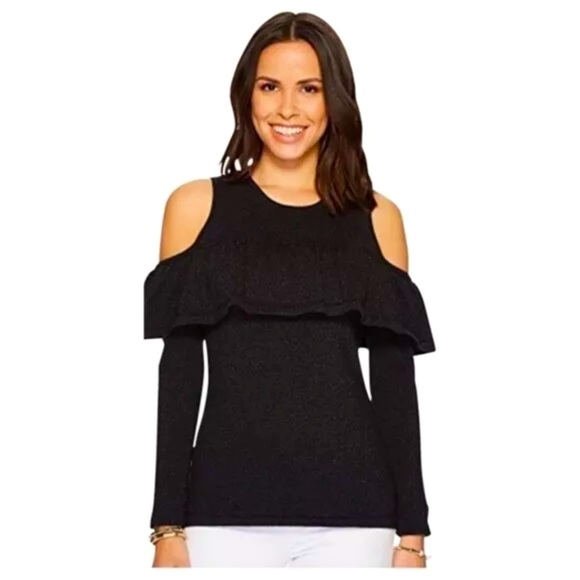 NWT Lilly Pulitzer Burke Sweater Cold Shoulder Ruffle Onyx Metallic Black - Picture 4 of 9